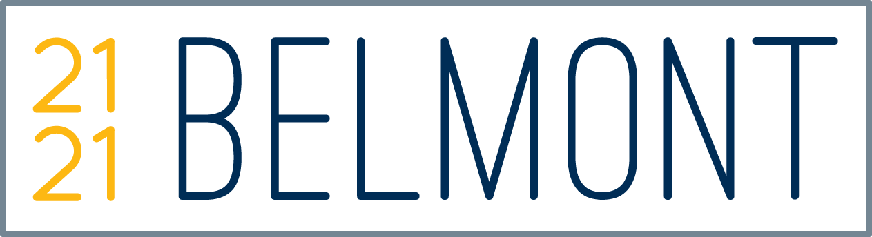 A blue and yellow sign with the word Belmont on it.